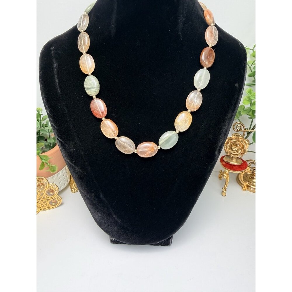 Vintage Jewelmak 14K Gold Agate & Quartz Statement Necklace Art Deco Revival